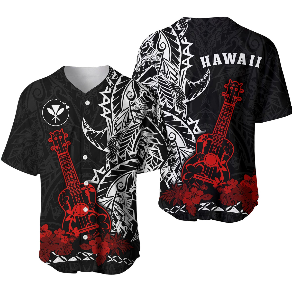 Black baseball jersey with red ukulele and white tribal pattern; Hawaii print on back