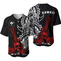 Black baseball jersey with red ukulele and white tribal pattern; Hawaii print on back