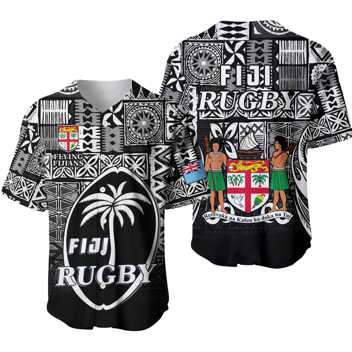 Black Fiji Rugby baseball jersey with Flying Fijians tapa print and crest graphic