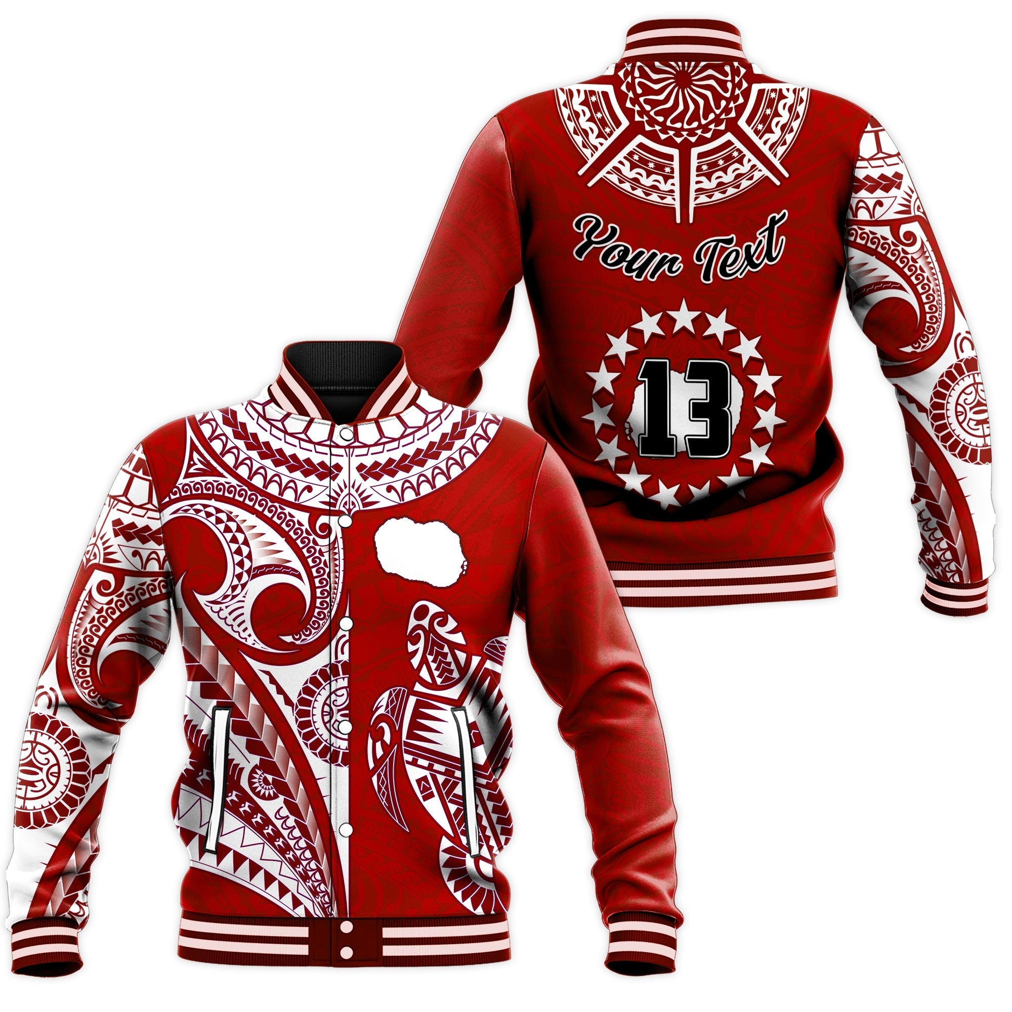 (Custom Text and Number) Rarotonga Cook Islands Baseball Jacket Turtle and Map Style Red LT13 - Wonder Print Shop