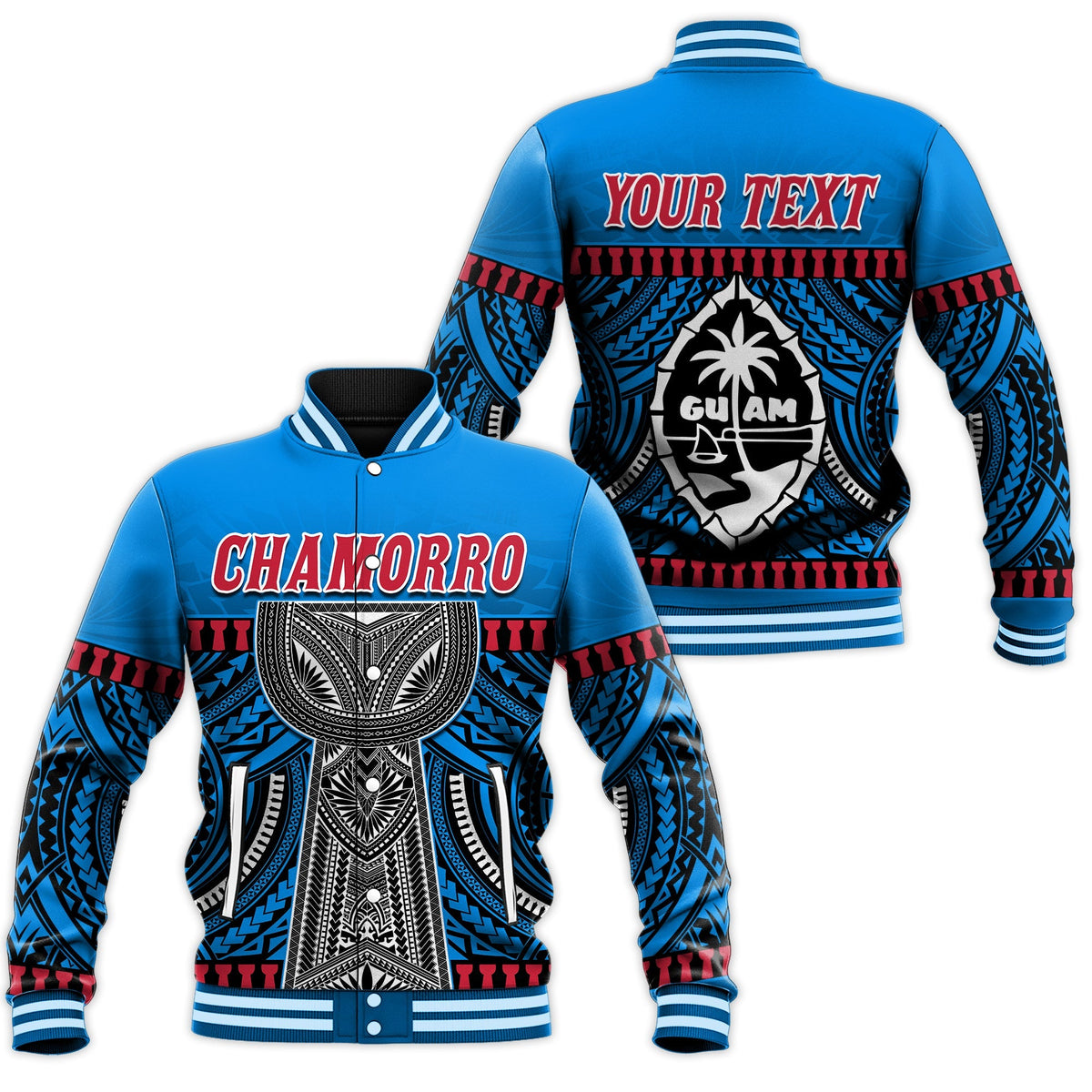Blue unisex baseball jacket: CHAMORRO front, full back graphic, ribbed cuffs