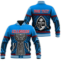 Blue unisex baseball jacket: CHAMORRO front, full back graphic, ribbed cuffs