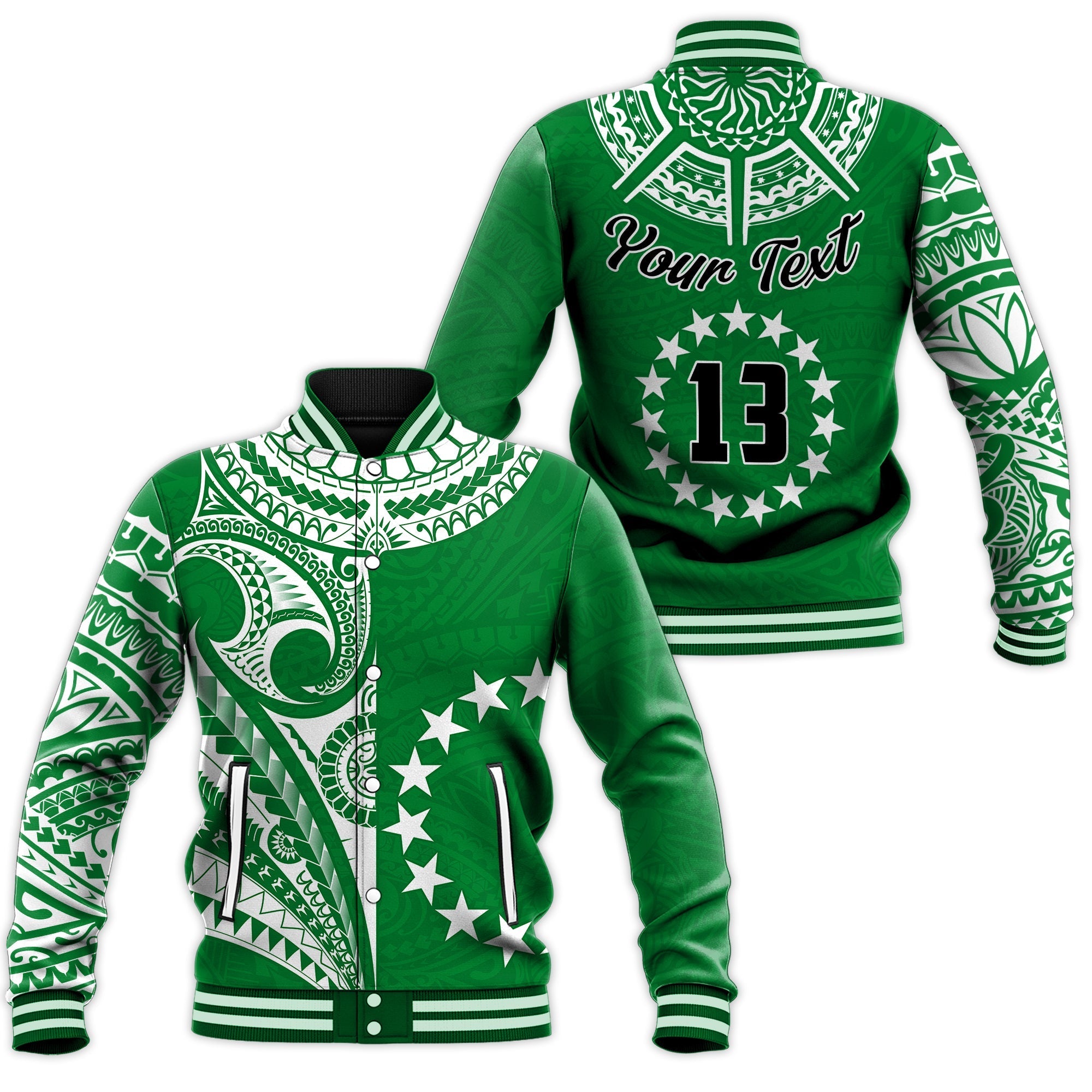 (Custom Text and Number) Cook Islands Tatau Baseball Jacket Symbolize Passion Stars Version Green LT13 - Wonder Print Shop