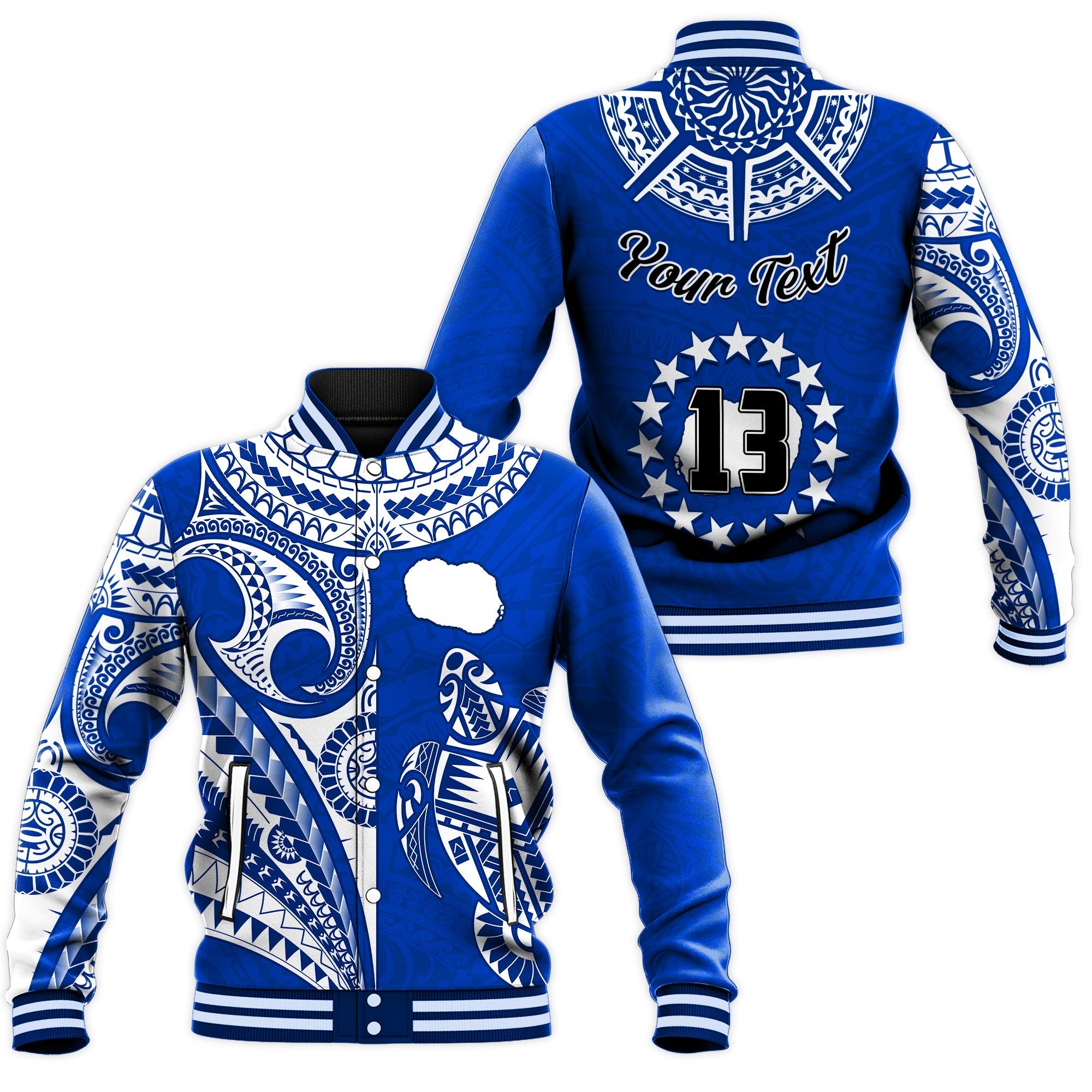 (Custom Text and Number) Rarotonga Cook Islands Baseball Jacket Turtle and Map Style Blue LT13 - Wonder Print Shop