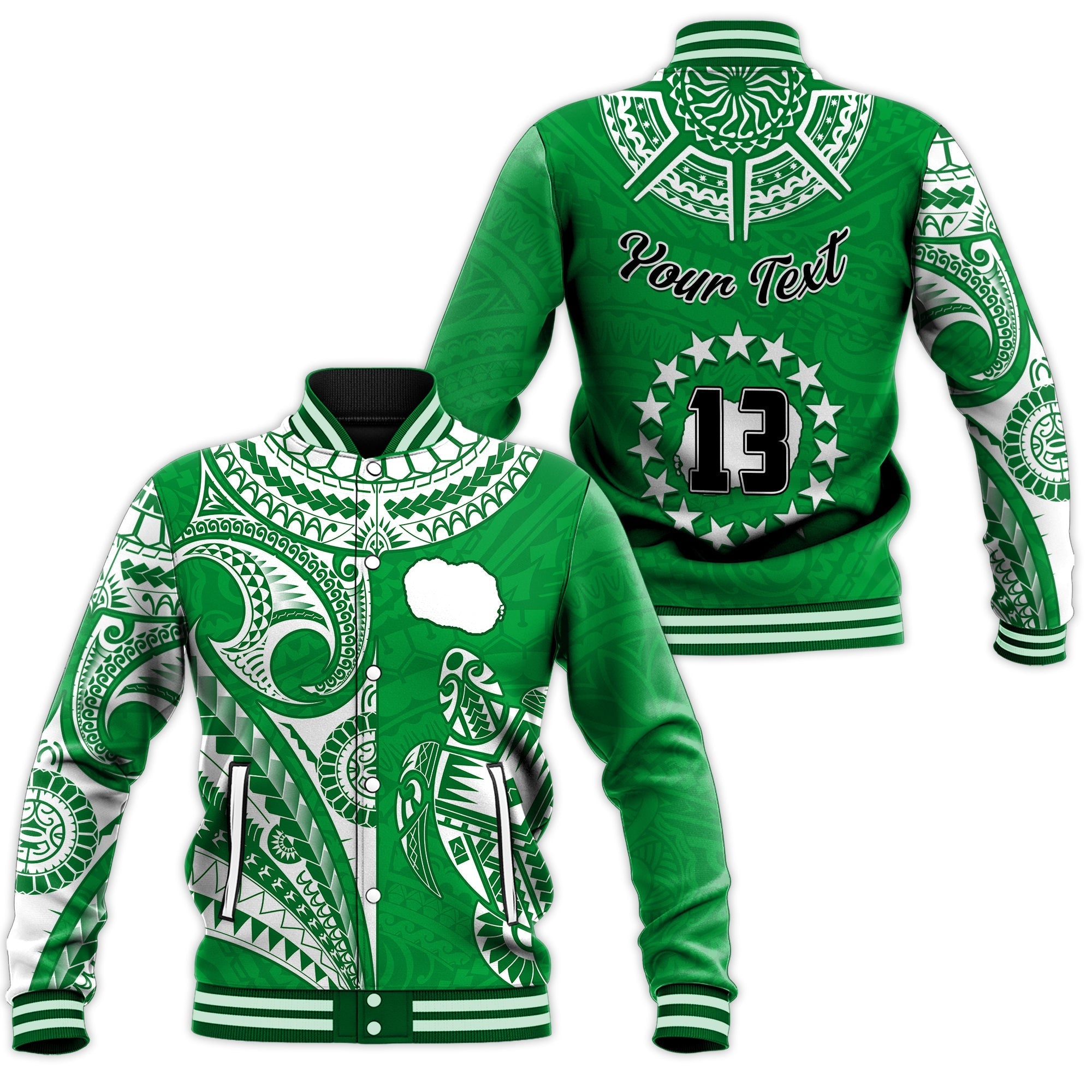 (Custom Text and Number) Rarotonga Cook Islands Baseball Jacket Turtle and Map Style Green LT13 - Wonder Print Shop