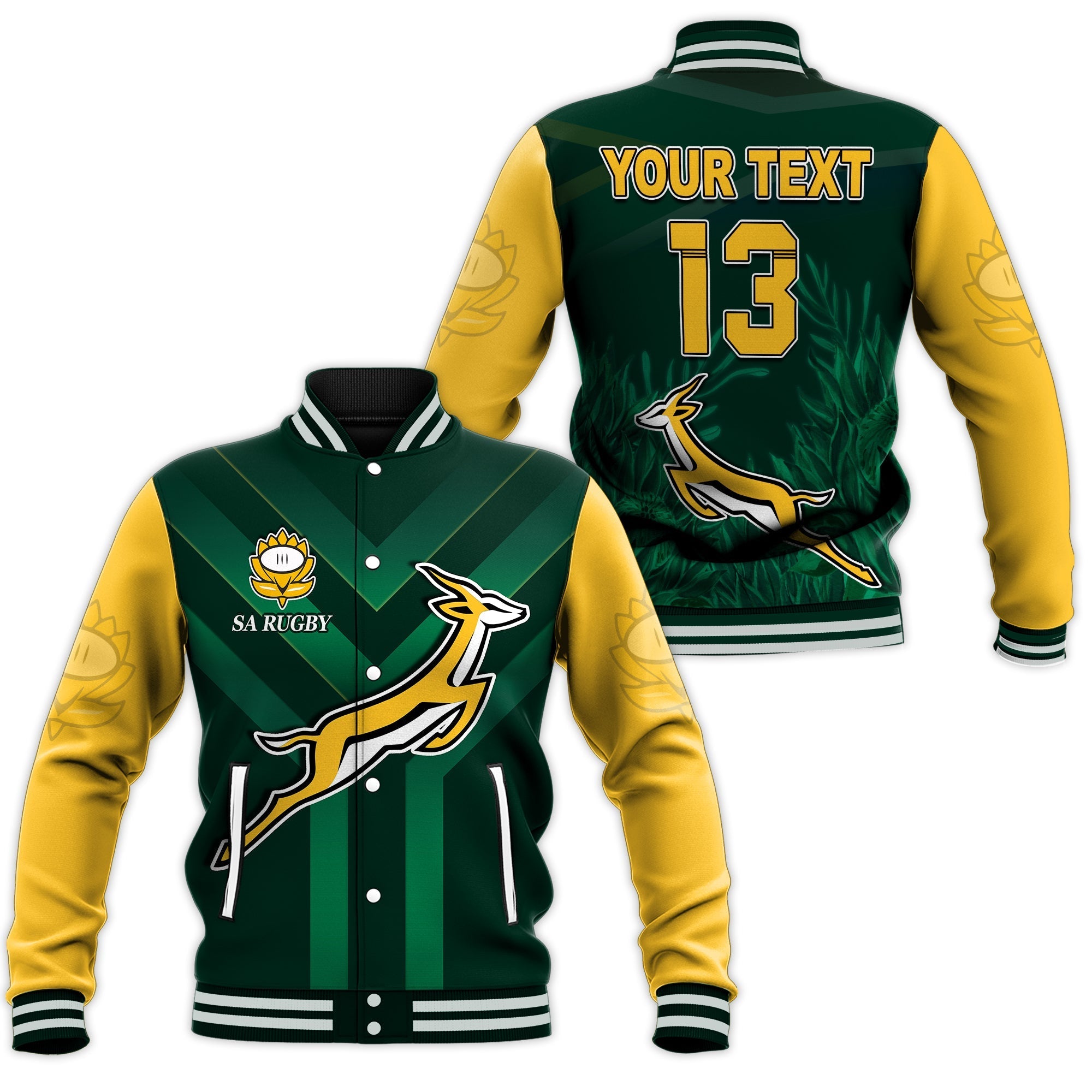 (Custom Text and Number) South Africa Rugby Baseball Jacket Springboks King Protea Go Bokke LT13 - Wonder Print Shop