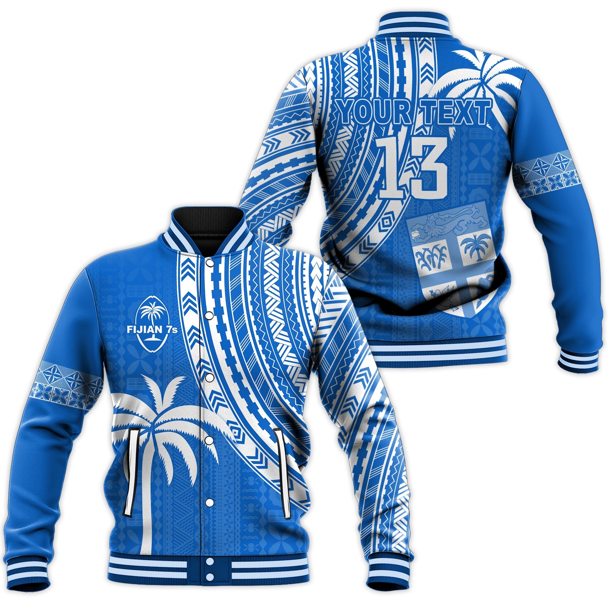 Custom Text and Number Fiji Rugby Sevens Baseball Jacket Fijian 7s Tapa Polynesian Blue Ver.01 LT13 - Wonder Print Shop