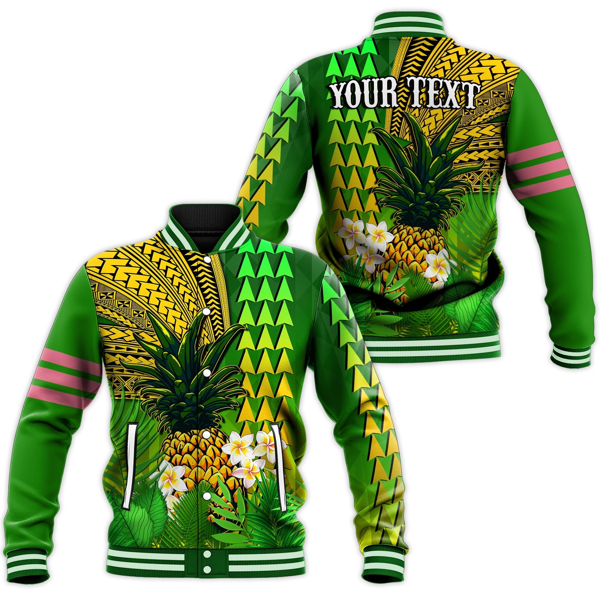 (Custom Personalised) Hawaii Pineapple Baseball Jacket Plumeria Frangipani Mix Tribal Pattern LT13 - Wonder Print Shop