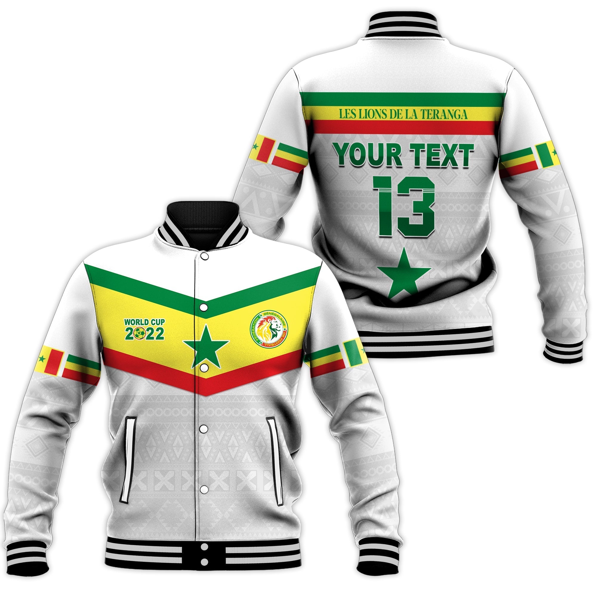 (Custom Text and Number) Senegal Football 2022 Baseball Jacket Champion Teranga Lions Mix African Pattern LT13 - Wonder Print Shop