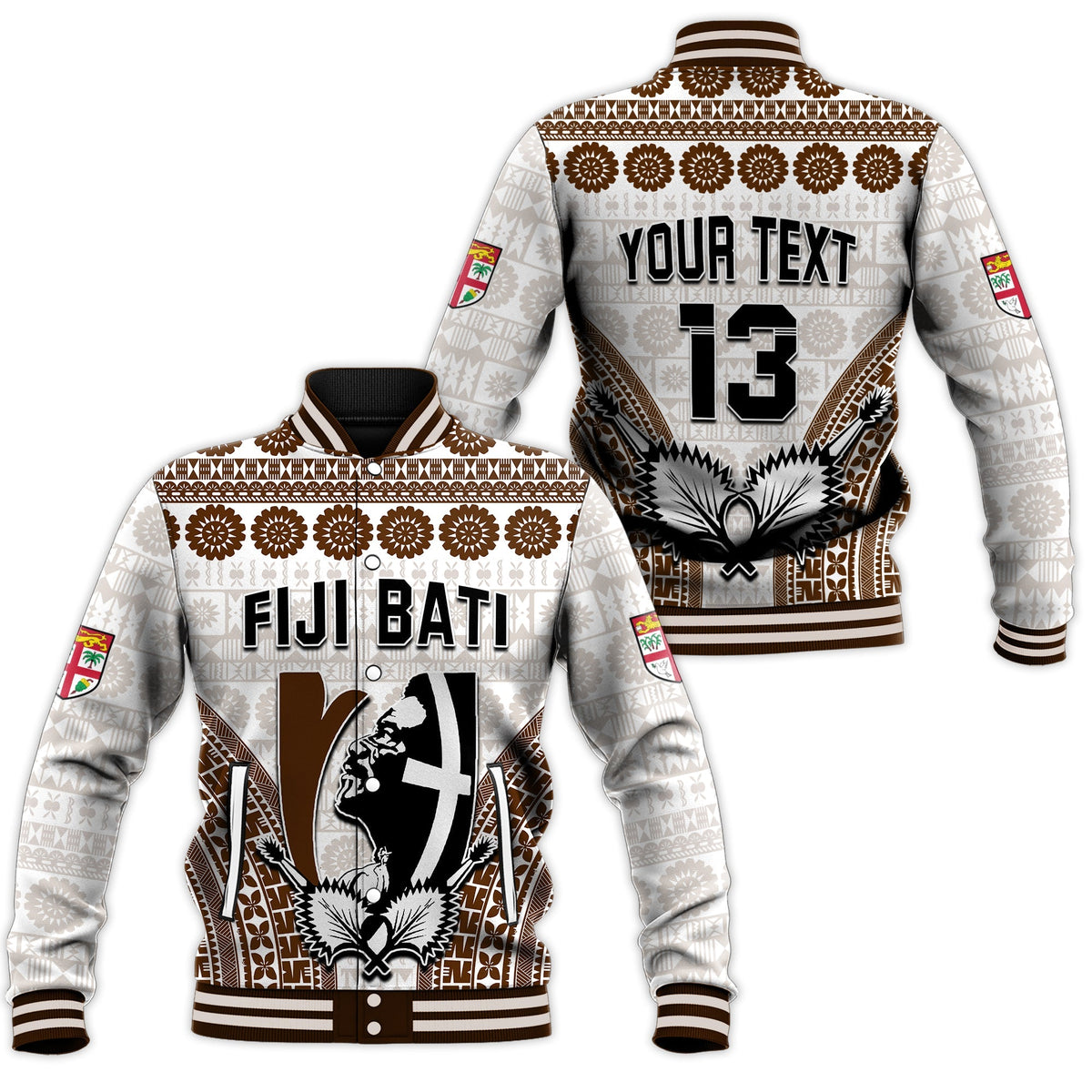 White Fiji Bati bomber jacket, tribal print with 'YOUR TEXT' and number 13 back view