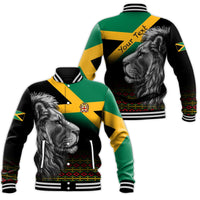 Black varsity baseball jacket with Jamaica lion graphic, green/yellow panels, snap front