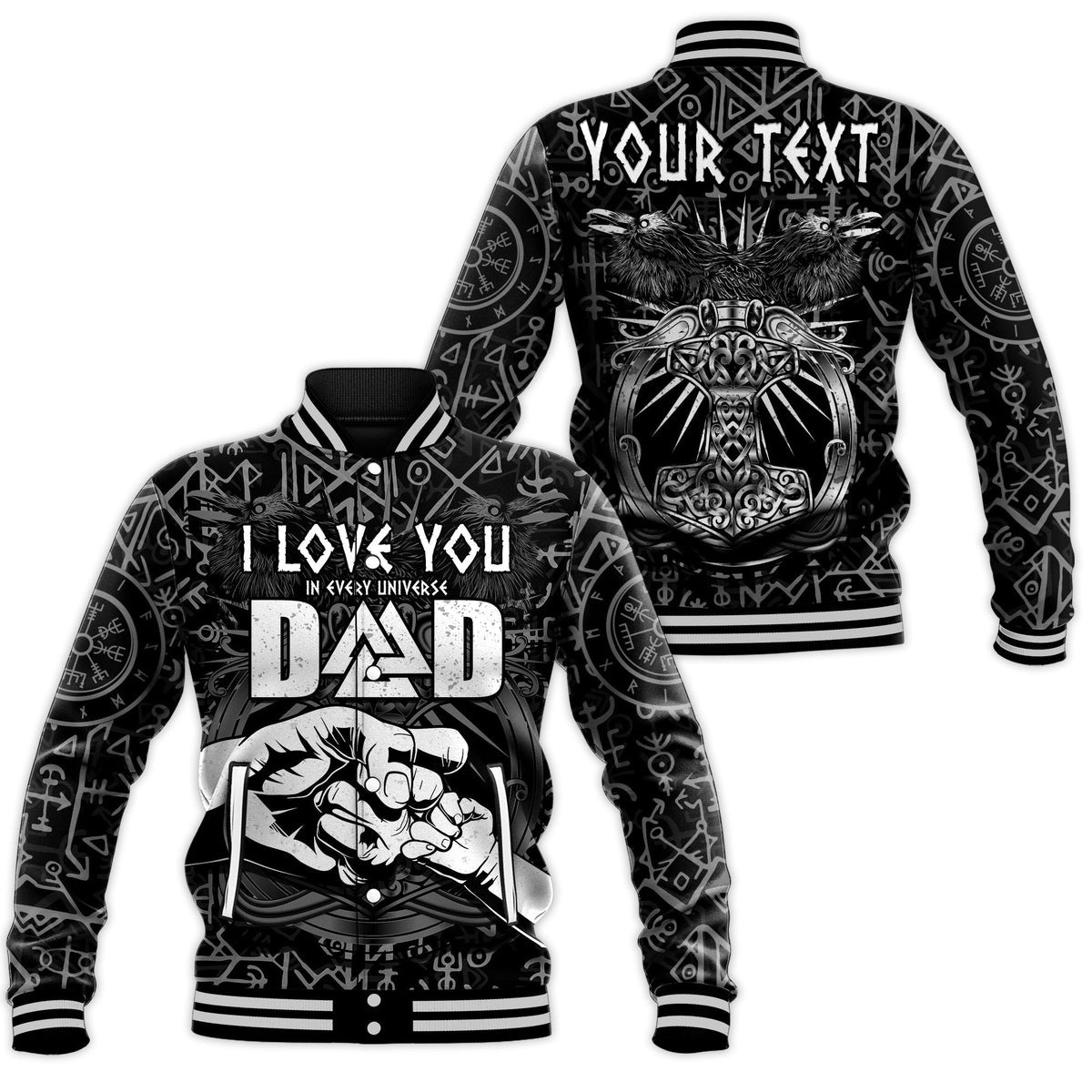 Schwarze Baseballjacke mit Runen und Mjolnir-Emblem am Rücken; „I LOVE YOU DAD“ vorn