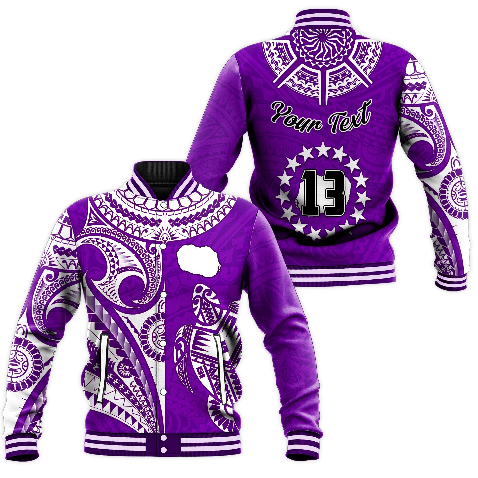 (Custom Text and Number) Rarotonga Cook Islands Baseball Jacket Turtle and Map Style Purple LT13 - Wonder Print Shop