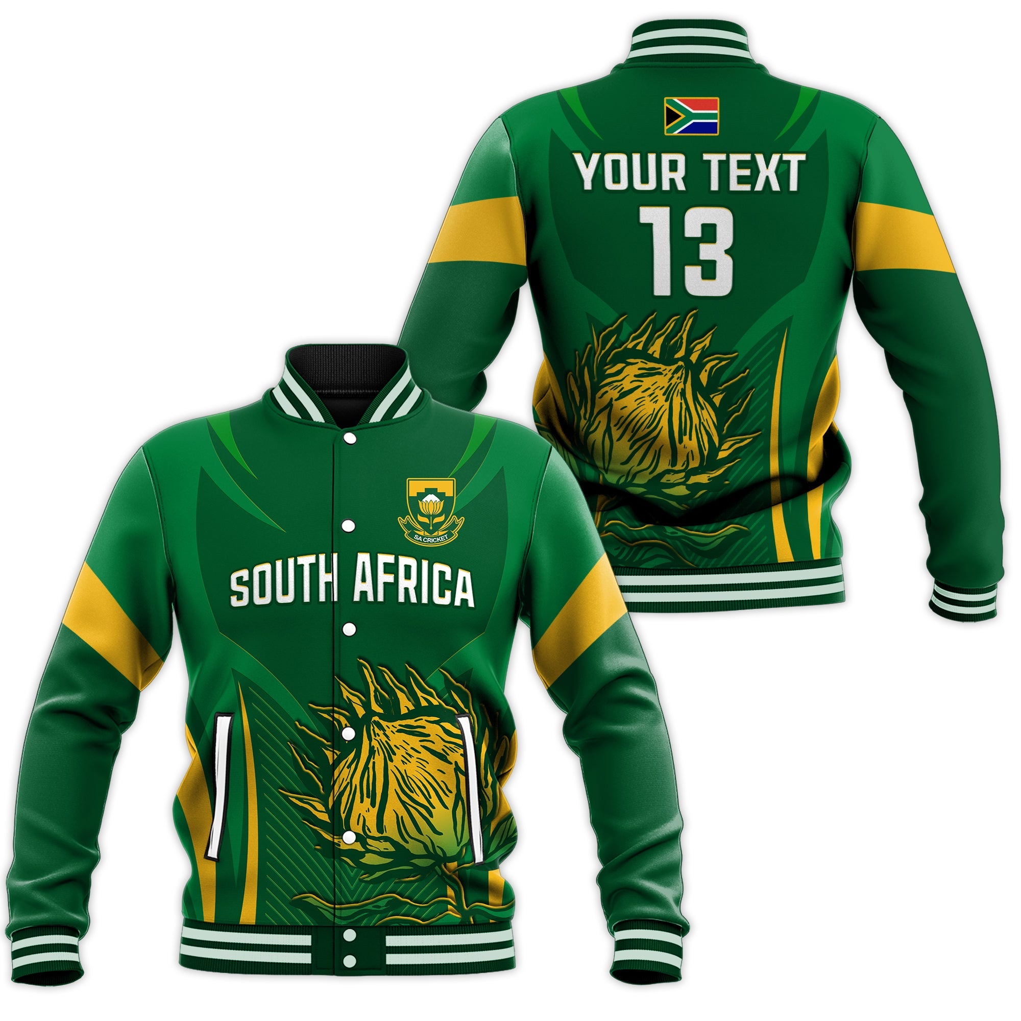 (Custom Text and Number) South Africa Cricket Baseball Jacket Proteas Champion LT13 - Wonder Print Shop