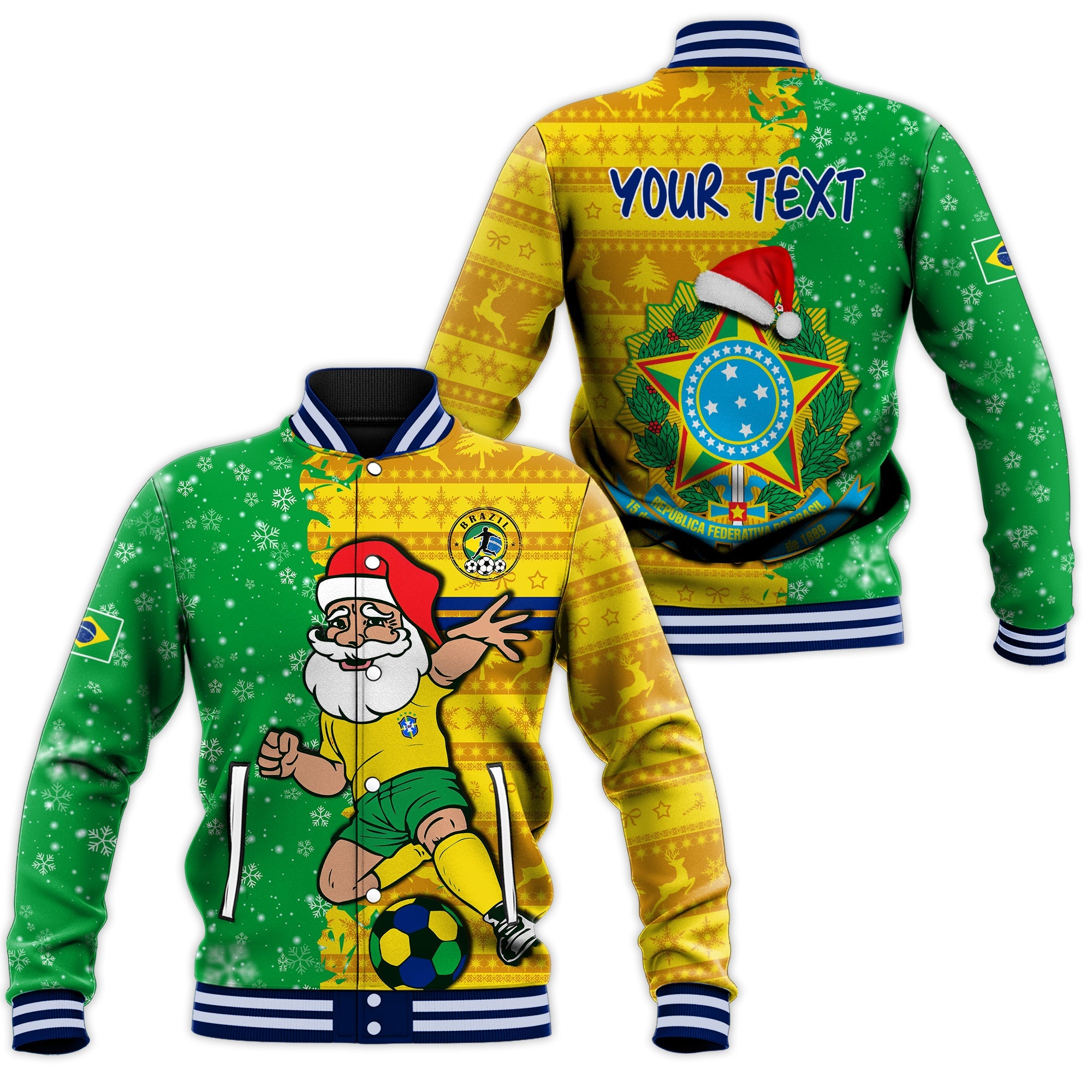 (Custom Personalised) Brazil Football Baseball Jacket Christmas Santa Claus Selecao Champions LT13 - Wonder Print Shop