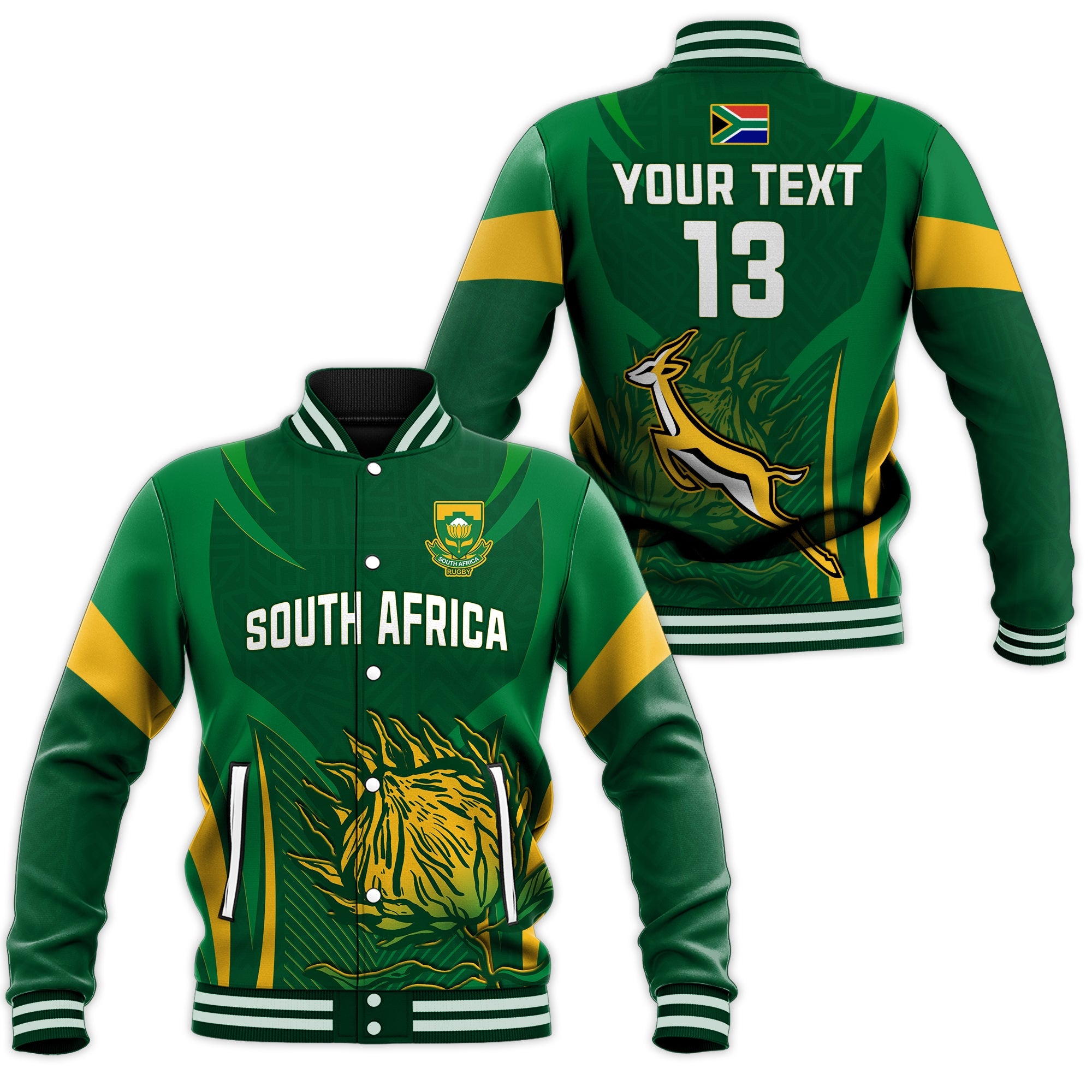 (Custom Text and Number) South Africa Rugby Baseball Jacket Springboks Champion LT13 - Wonder Print Shop