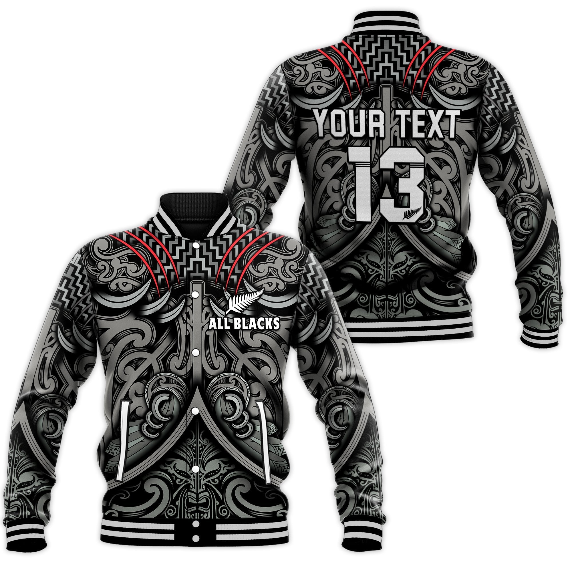 Custom Text and Number New Zealand Silver Fern Rugby Baseball Jacket All Black NZ Maori Pattern LT13 - Wonder Print Shop