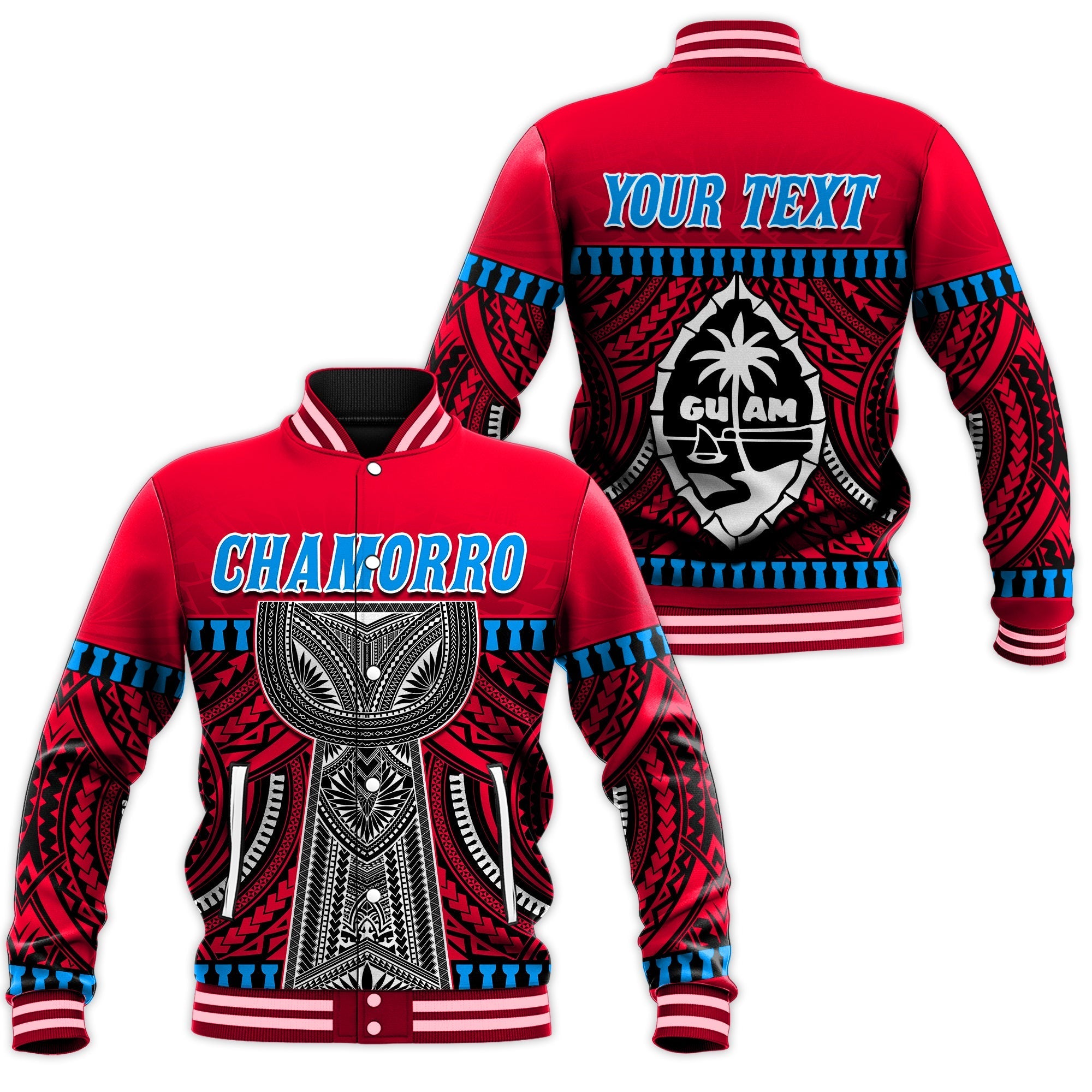 (Custom Personalised) Guam Chamorro Baseball Jacket Latte Stone Red Polynesian Haligi LT13 - Wonder Print Shop