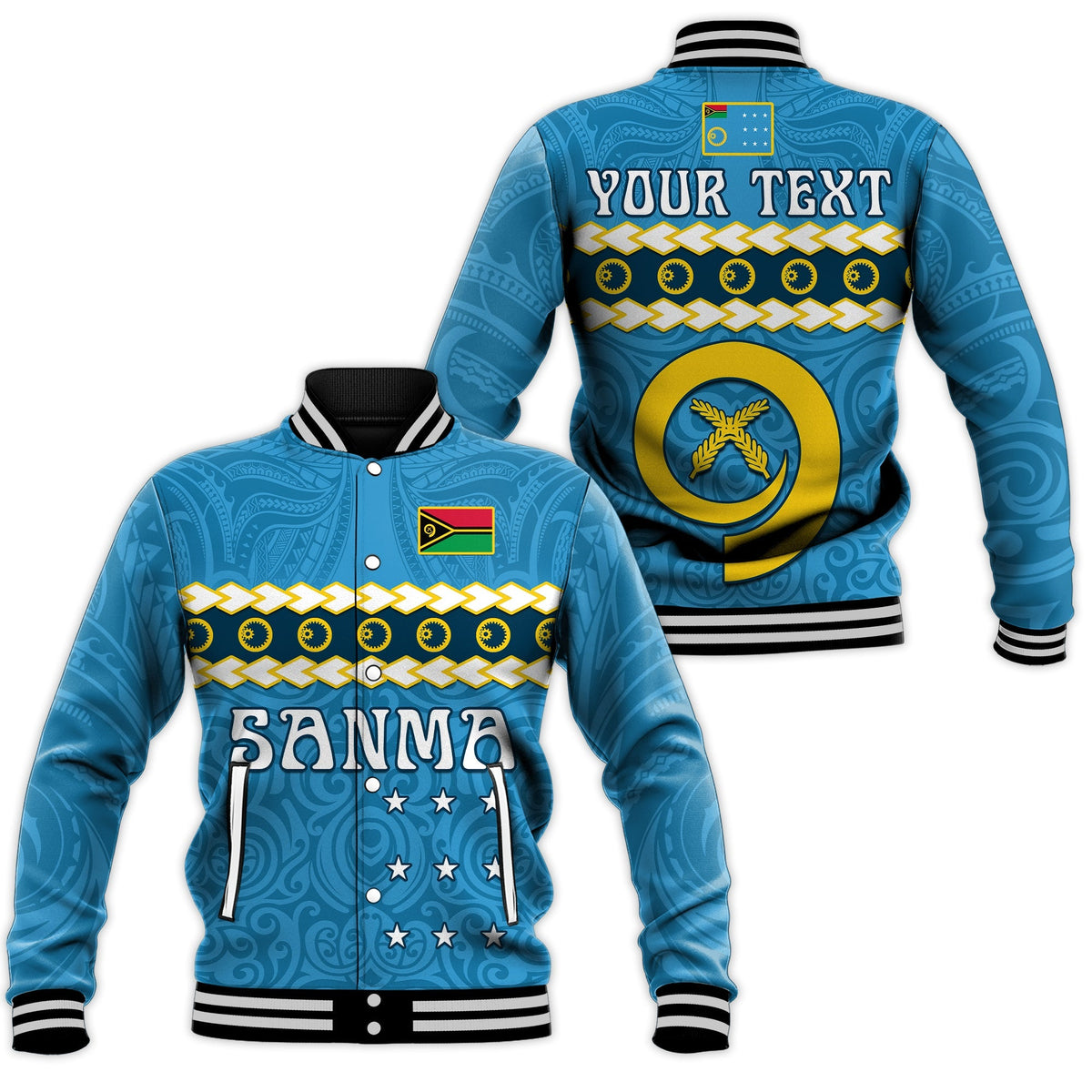 Blue baseball jacket set: front SANMA and back YOUR TEXT, black collar cuffs