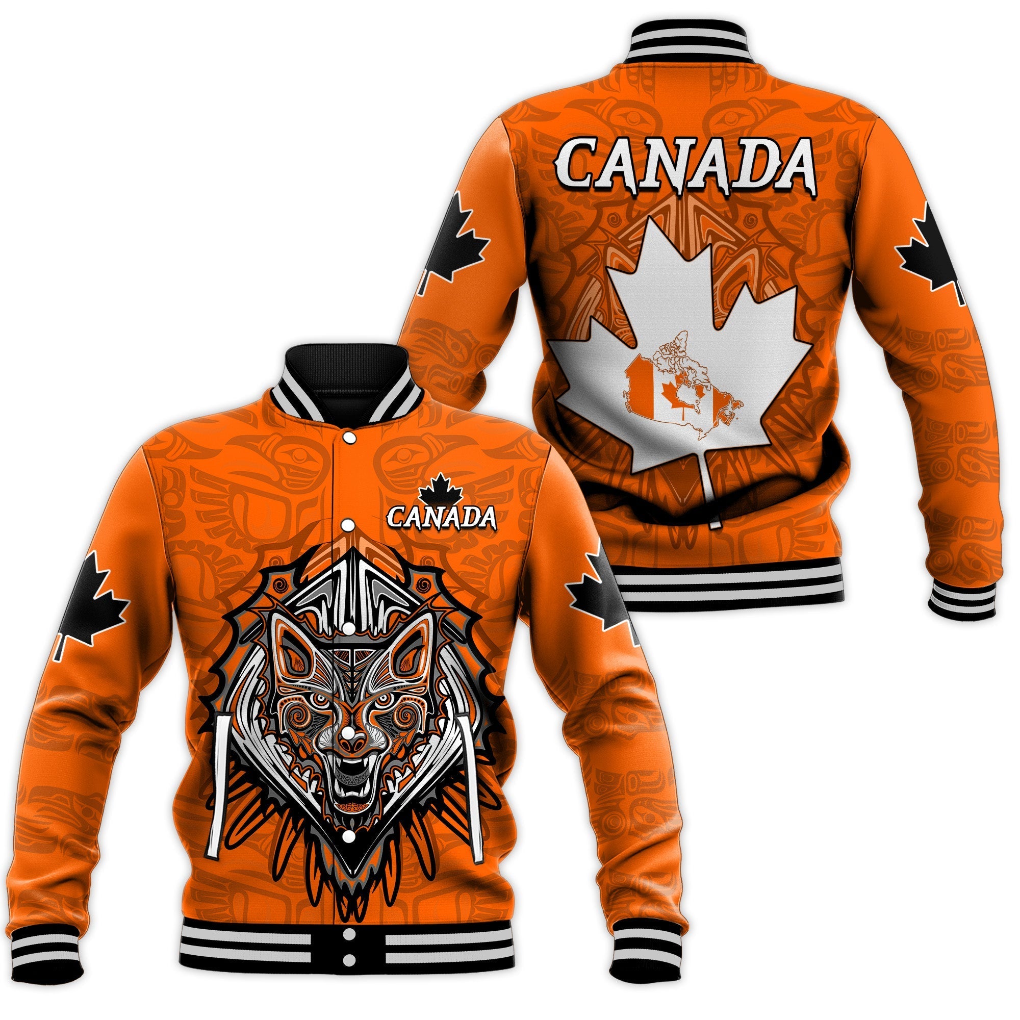 Canada Maple Leaf Baseball Jacket Orange Haida Wolf LT13 - Wonder Print Shop