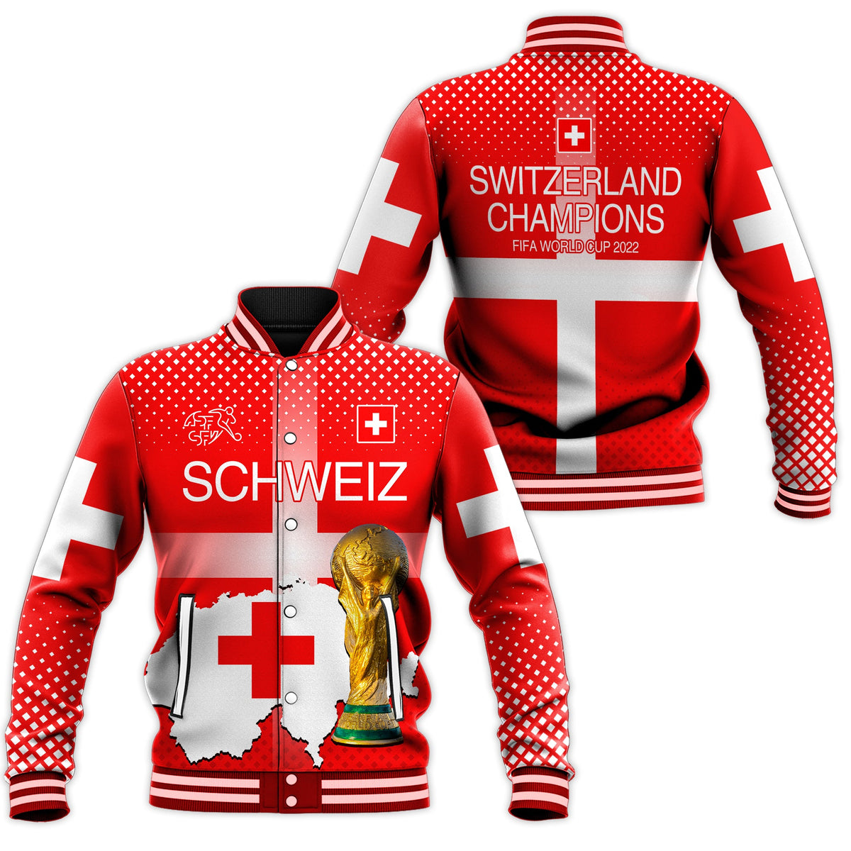 Red and white Switzerland-style baseball jacket with striped ribbed collar and back graphic