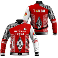 Red Tonga baseball jacket front, 'MATE MA'A TONGA' print, patterned sleeves, ribbed cuffs