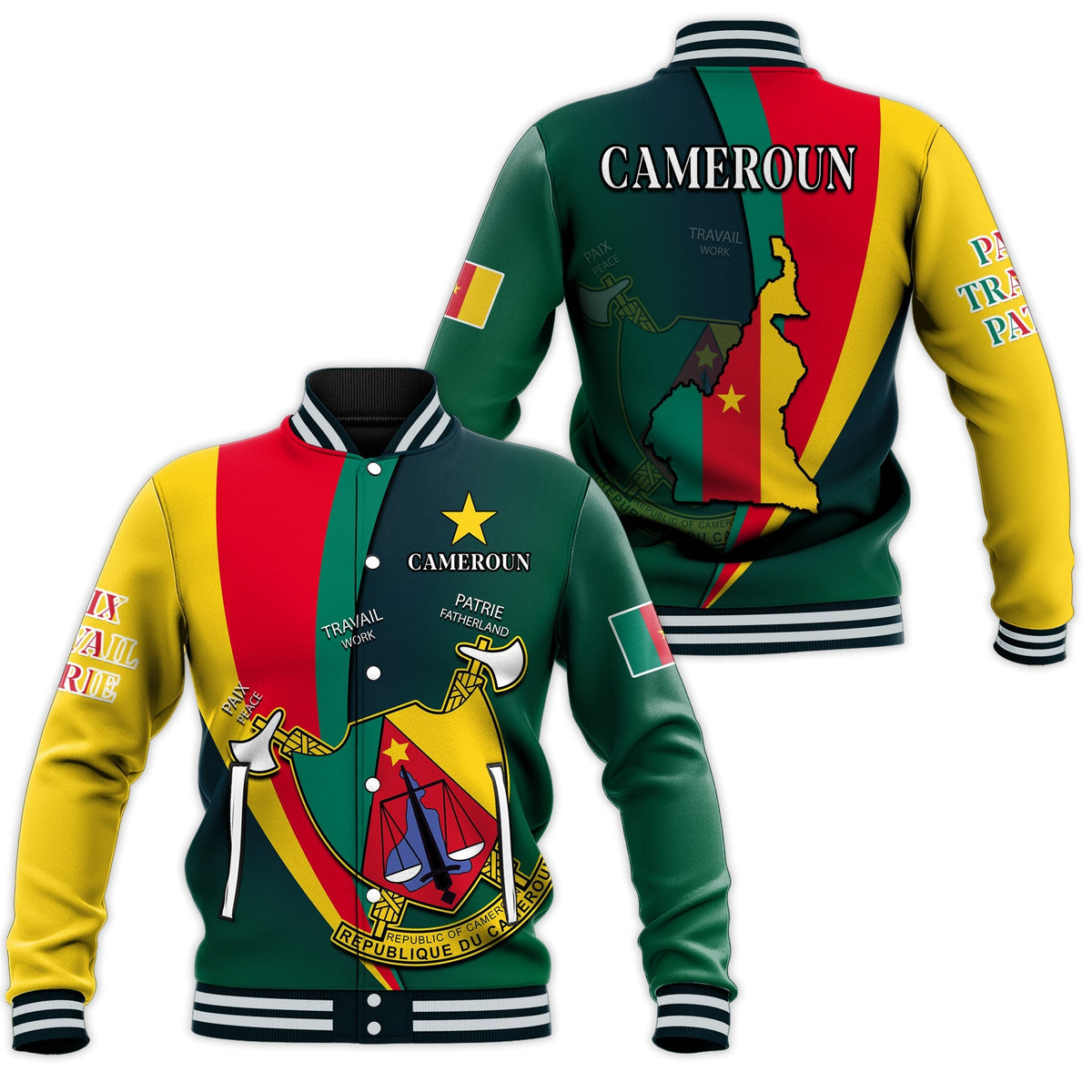 Cameroon baseball jacket, unisex, green/red/yellow with country map and crest on front/back