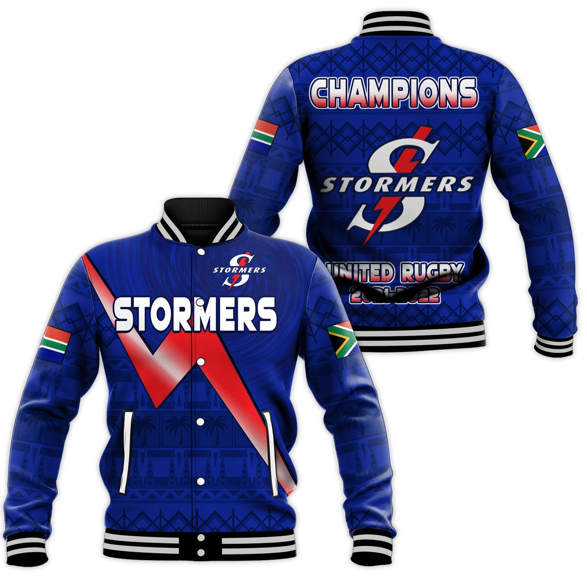 Blue Stormers rugby baseball jacket, front and back graphics, black rib trim