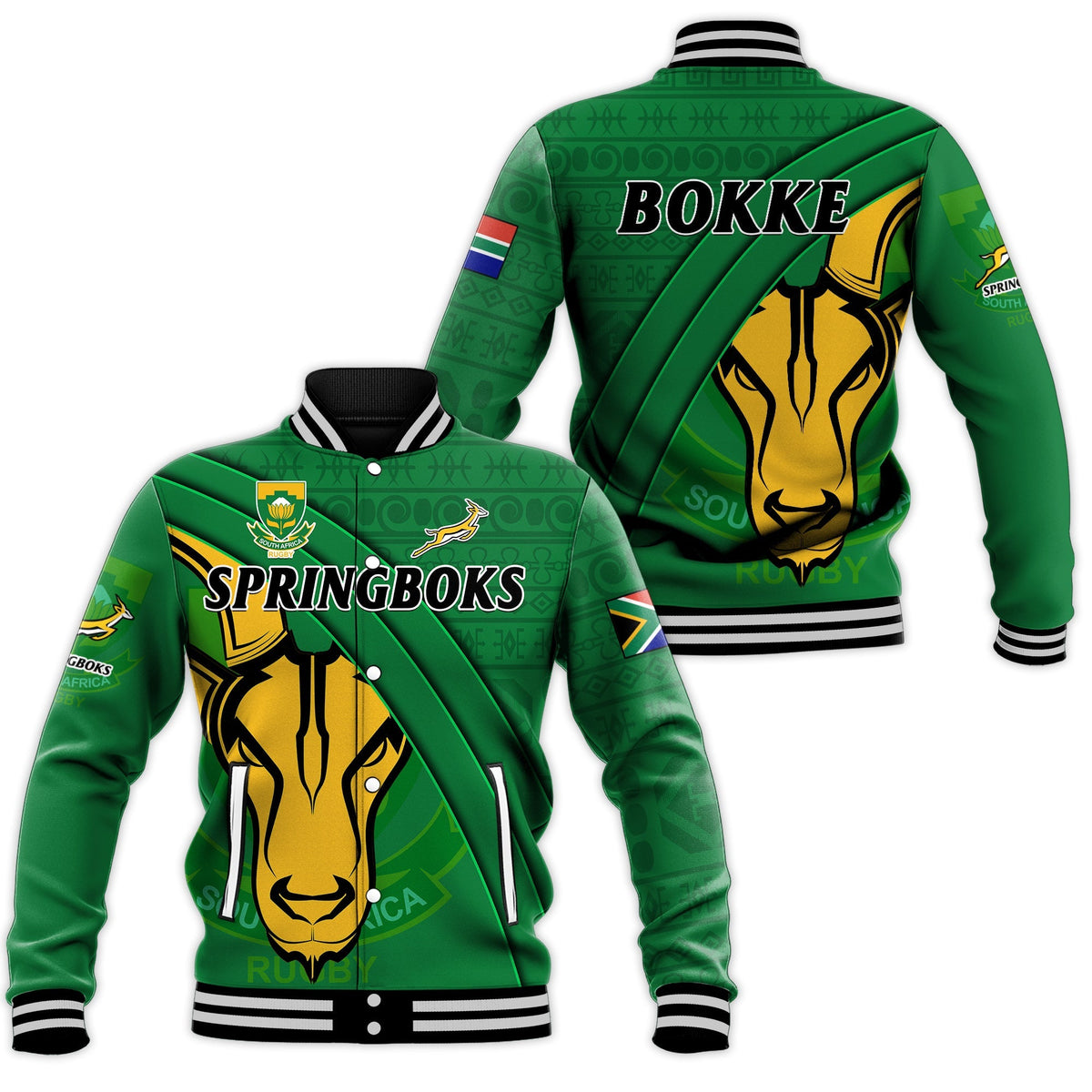 Green rugby baseball jacket with SPRINGBOKS graphic and South Africa crest