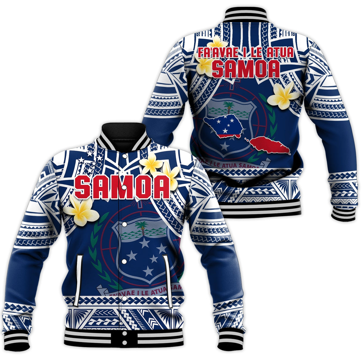 Blue Samoa baseball jacket with plumeria flowers and bold tribal pattern, ribbed cuffs