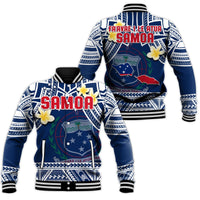 Blue Samoa baseball jacket with plumeria flowers and bold tribal pattern, ribbed cuffs