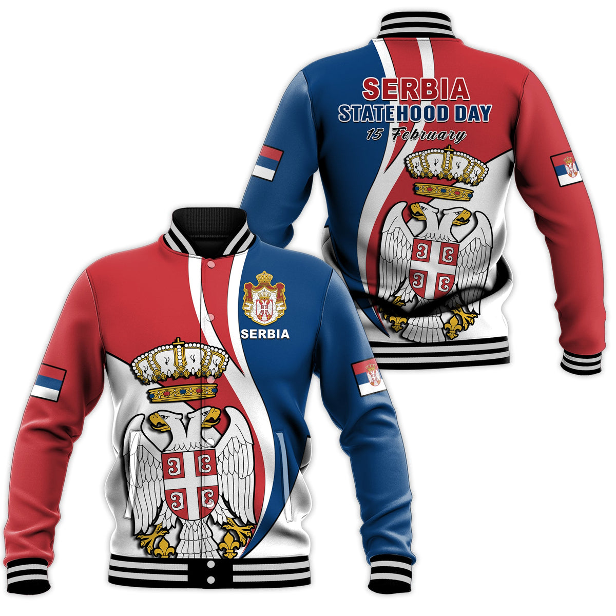 Baseball jacket with red and blue panels, ribbed collar and cuffs, large crest graphic.
