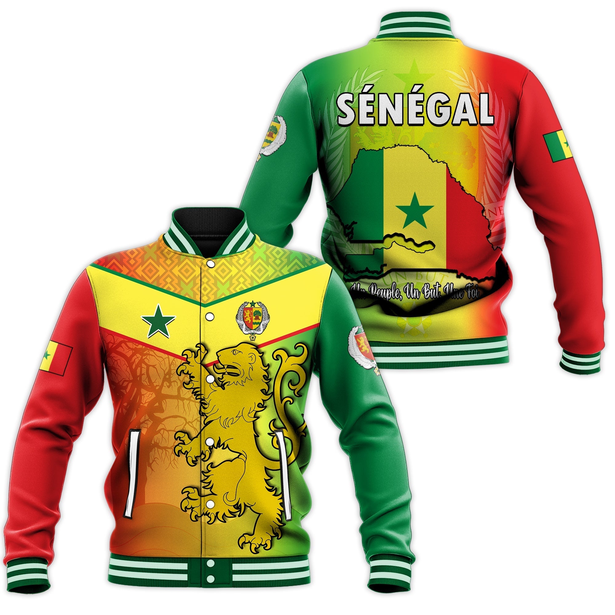 Senegal Baseball Jacket Lion With Senegal Map Reggae Style - Wonder Print Shop