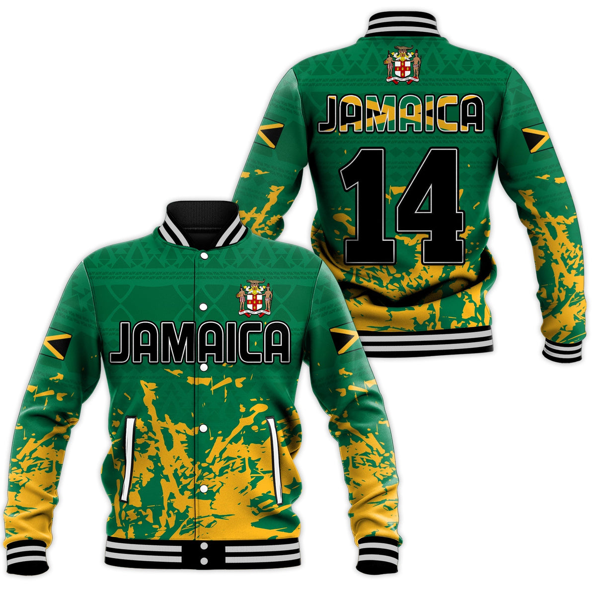 Green Jamaica baseball jacket with yellow camo pattern; number 14 on back