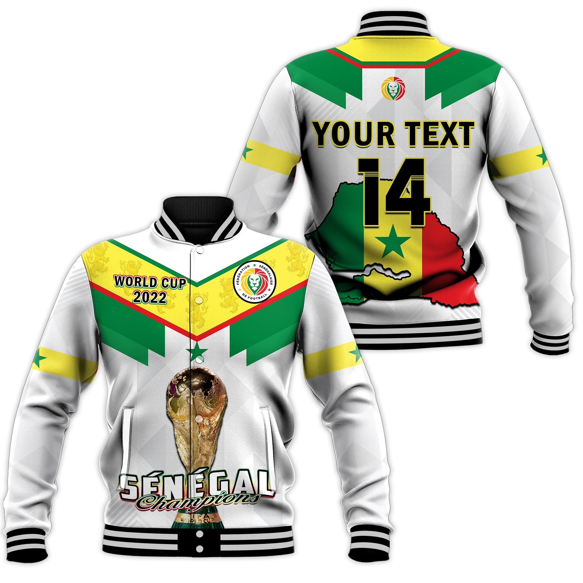 (Custom Text And Number) Senegal Football Baseball Jacket Champions WC 2022 - Wonder Print Shop