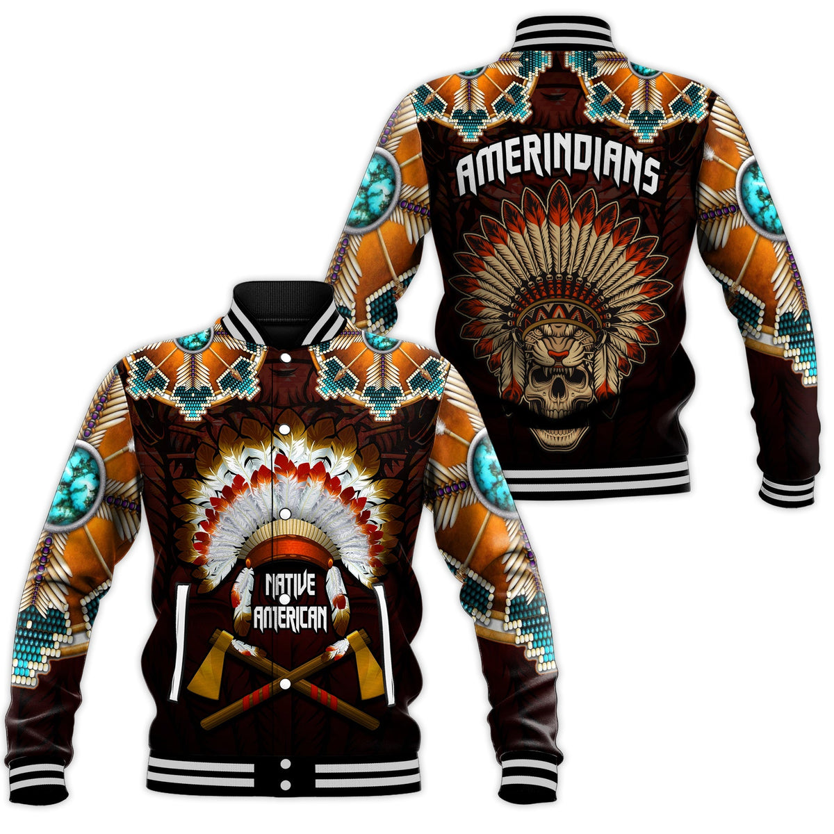 Black baseball jacket with feather skull headdress graphic, text AMERICAN INDIANS