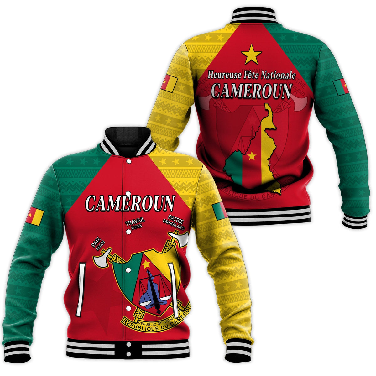 Cameroon unisex baseball jacket, red body with green/yellow panels and ribbed trim