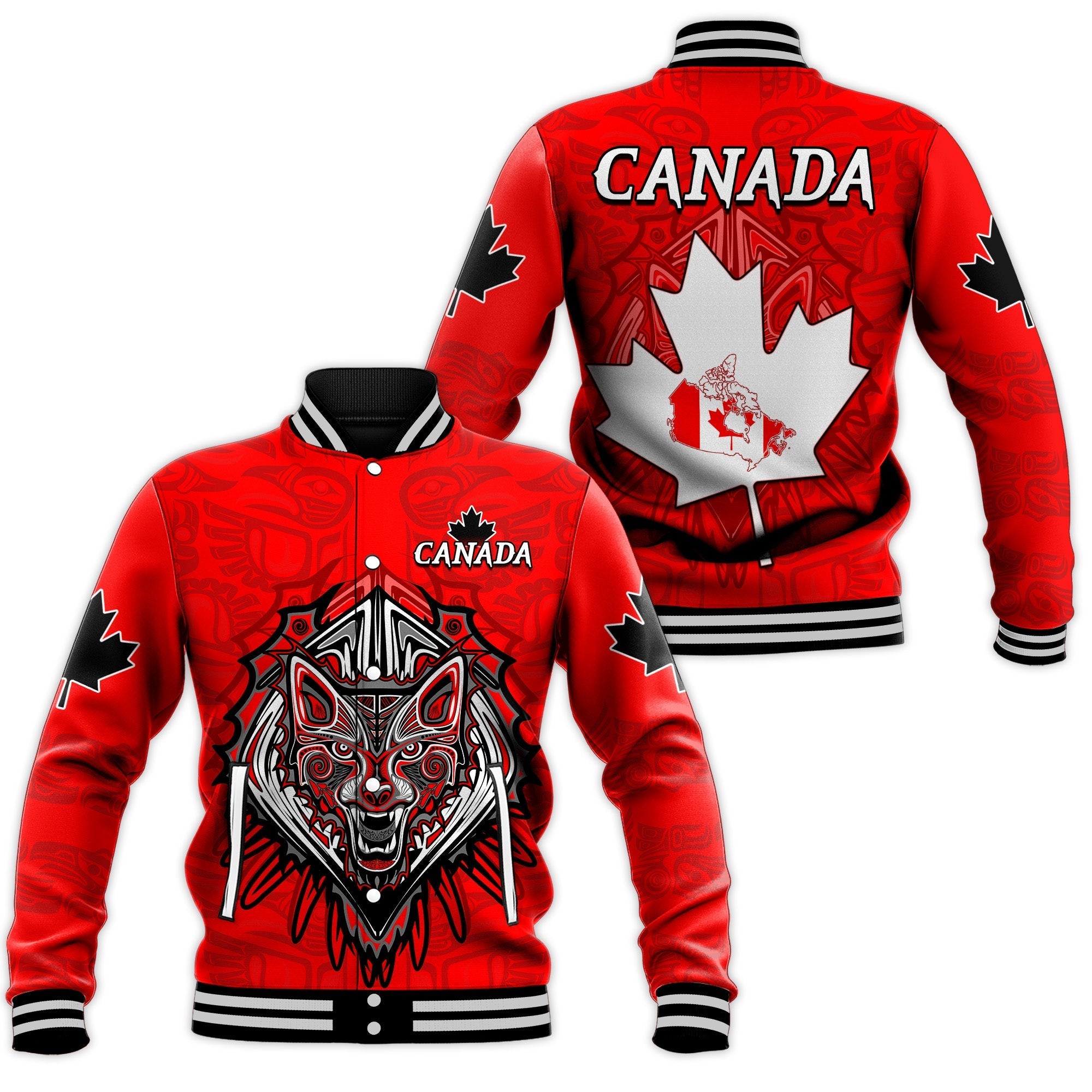 Canada Maple Leaf Baseball Jacket Red Haida Wolf LT13 - Wonder Print Shop