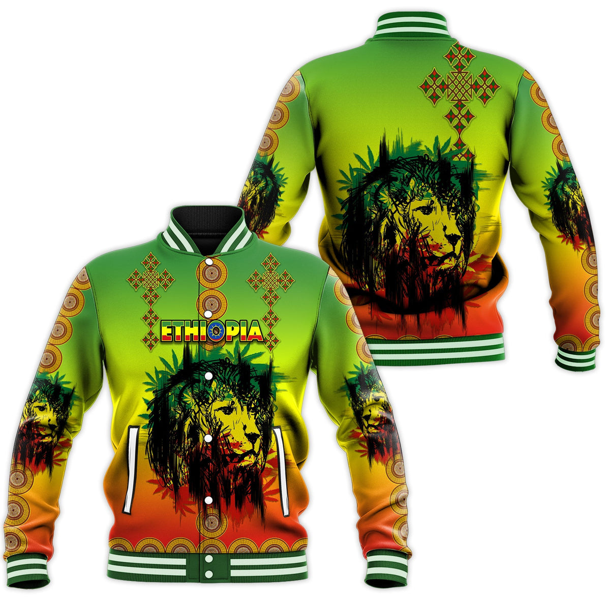 Green unisex baseball jacket with ETHIOPIA front and lion graphic, ribbed collar cuffs