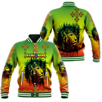 Green unisex baseball jacket with ETHIOPIA front and lion graphic, ribbed collar cuffs