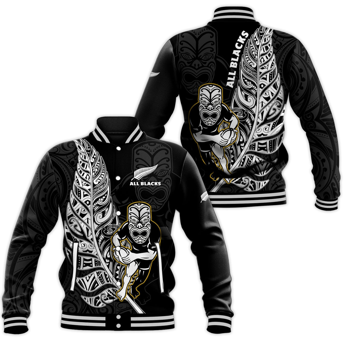 Black baseball jacket with All Blacks graphic, Maori-style pattern, striped ribbed cuffs