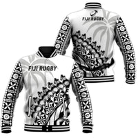 White unisex baseball rugby jacket, black ribbed collar/cuffs, Fiji Rugby front graphic