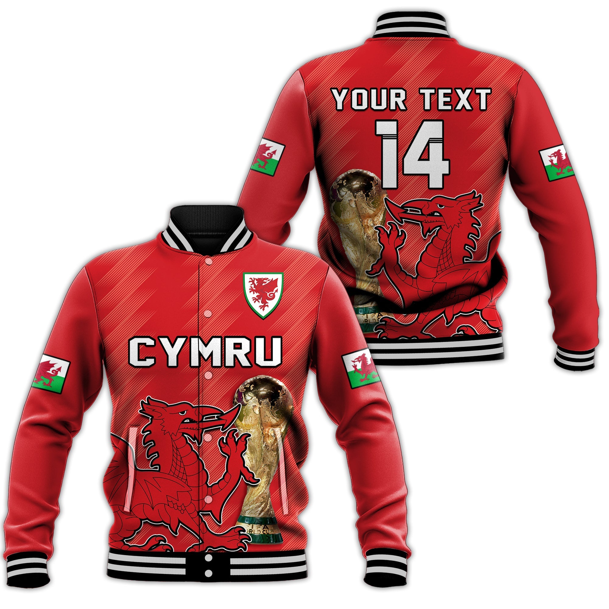 (Custom Text And Number) Wales Football Baseball Jacket Cymru Champions World Cup 2022 - Wonder Print Shop