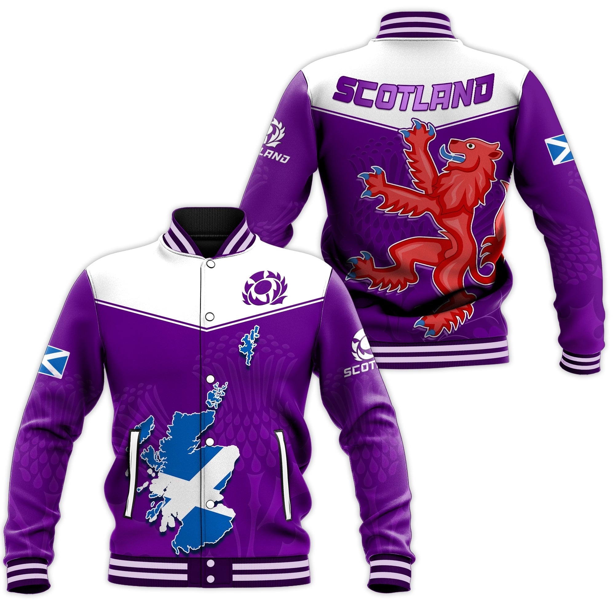 Scottish Rugby Baseball Jacket Map Of Scotland Thistle Purple Version - Wonder Print Shop