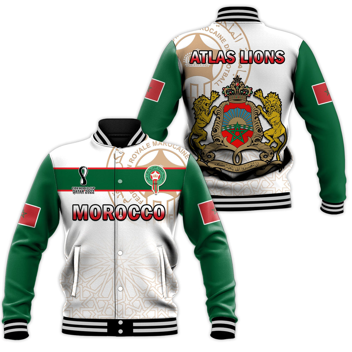 Morocco varsity baseball jacket, white body, green sleeves, ribbed striped cuffs, Atlas Lions back