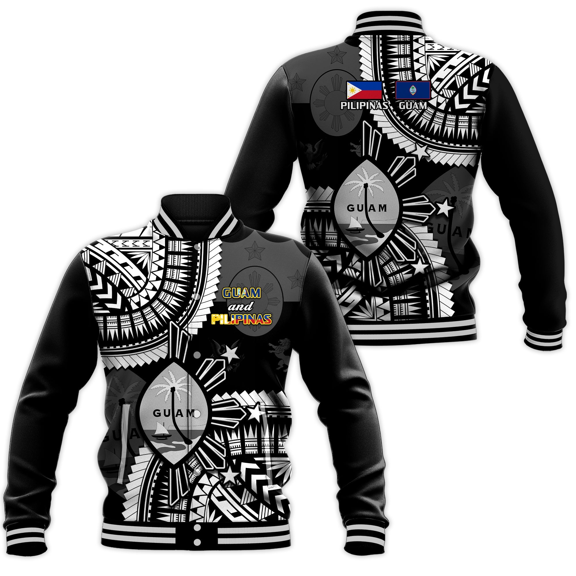 Guam and Philippines Baseball Jacket Guaman Filipinas Together Black - Wonder Print Shop