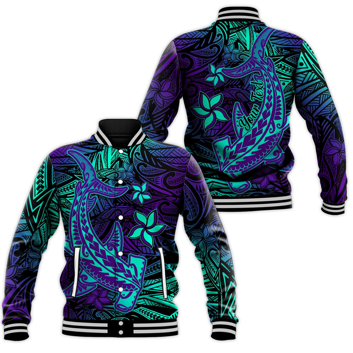 Purple Polynesian print baseball jacket with teal floral/tribal design, black ribbed trim