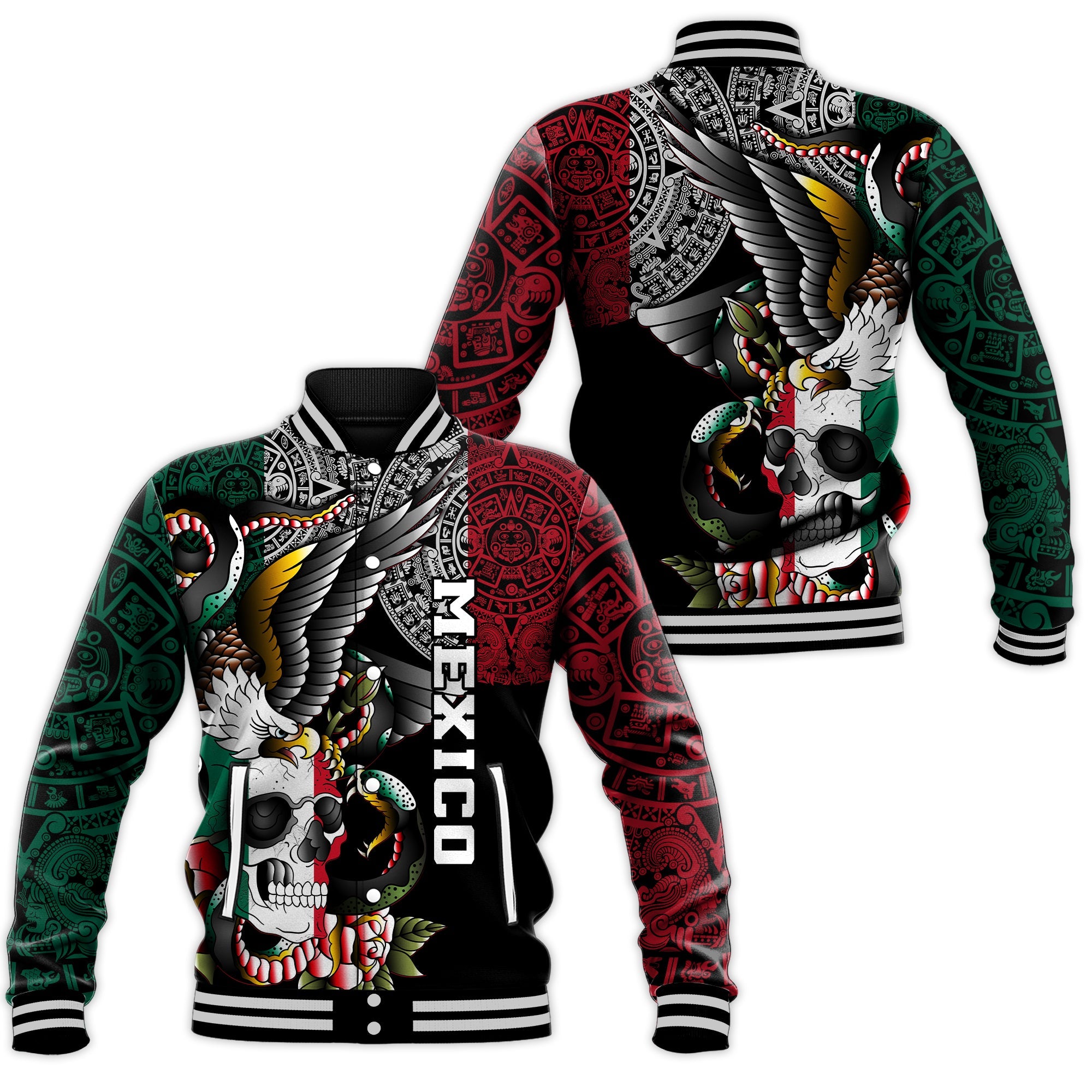 Mexico Baseball Jacket Mexican Skull Eagle With Angry Snake - Wonder Print Shop