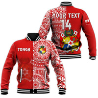 Red baseball jacket front and back; Tonga text, white pattern panels, crest and number 14
