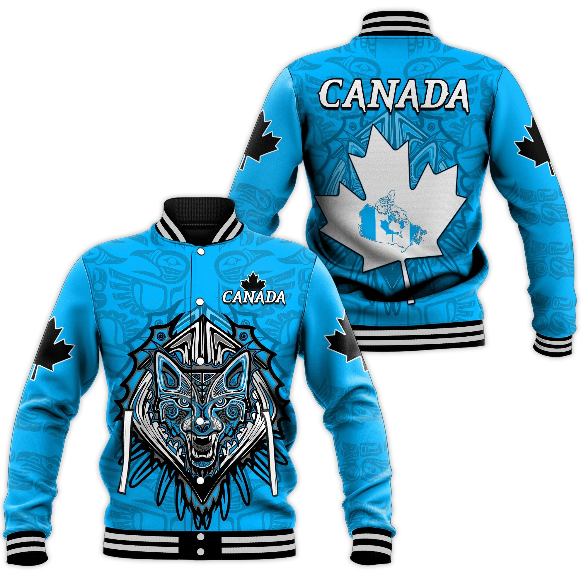 Canada Maple Leaf Baseball Jacket Blue Haida Wolf LT13 - Wonder Print Shop